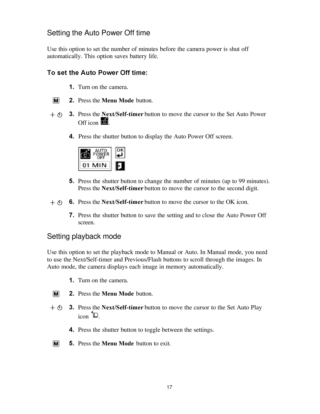 Polaroid PDC 700 manual Setting the Auto Power Off time, Setting playback mode, To set the Auto Power Off time 