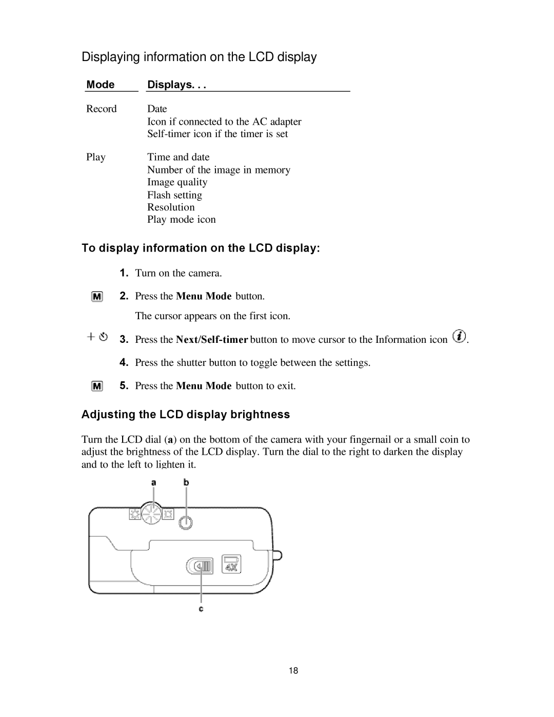 Polaroid PDC 700 manual Displaying information on the LCD display, To display information on the LCD display, Mode Displays 