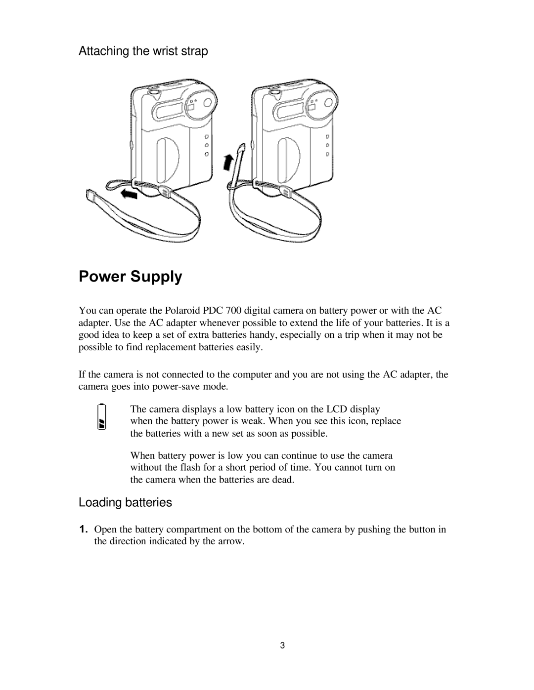 Polaroid PDC 700 manual Power Supply, Attaching the wrist strap, Loading batteries 