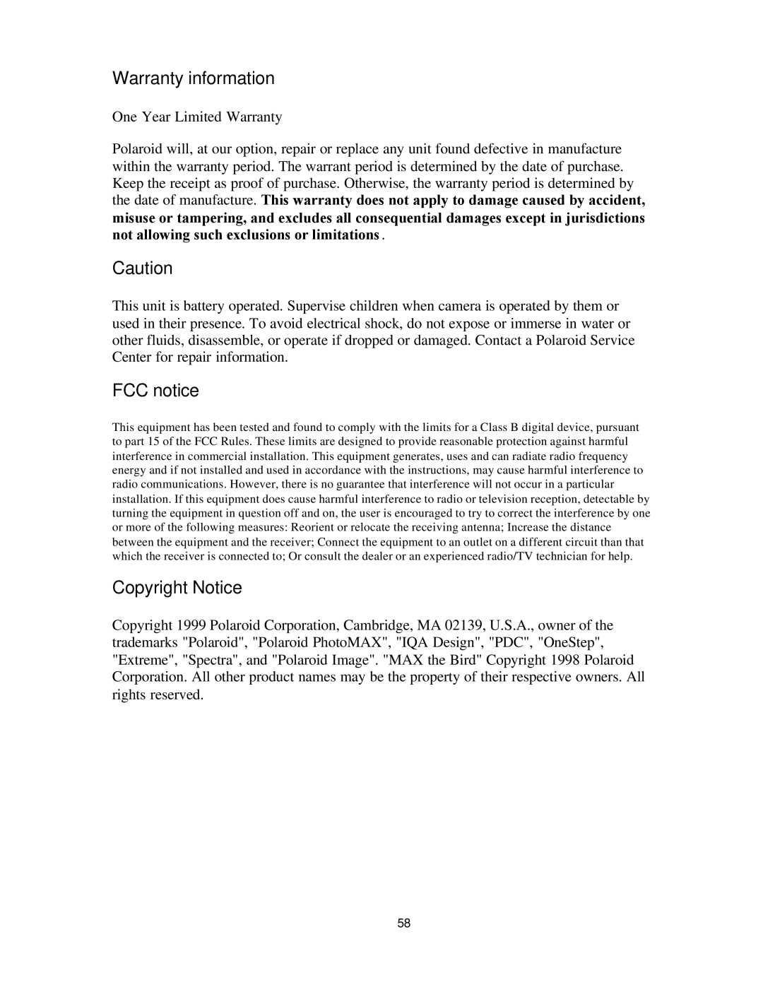 Polaroid PDC 700 manual Warranty information, FCC notice, Copyright Notice 