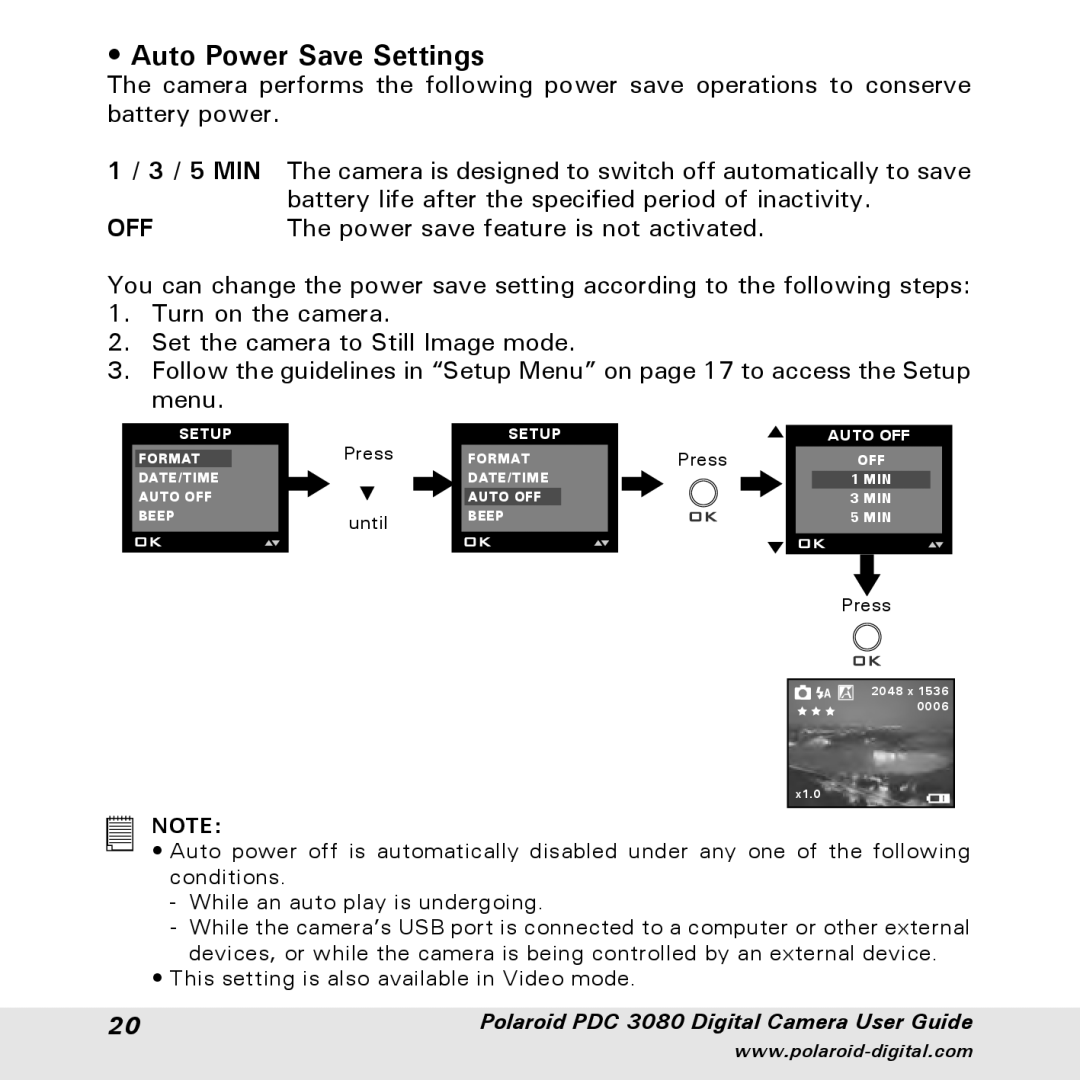 Polaroid PDC3080 manual Auto Power Save Settings, Off 