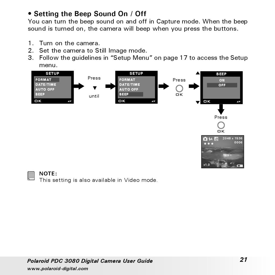 Polaroid PDC3080 manual Setting the Beep Sound On / Off 