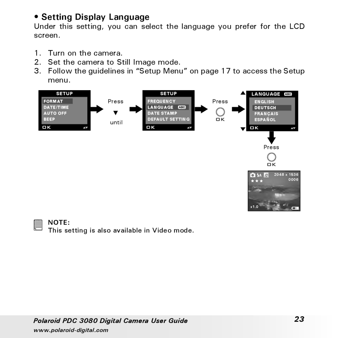 Polaroid PDC3080 manual Setting Display Language 