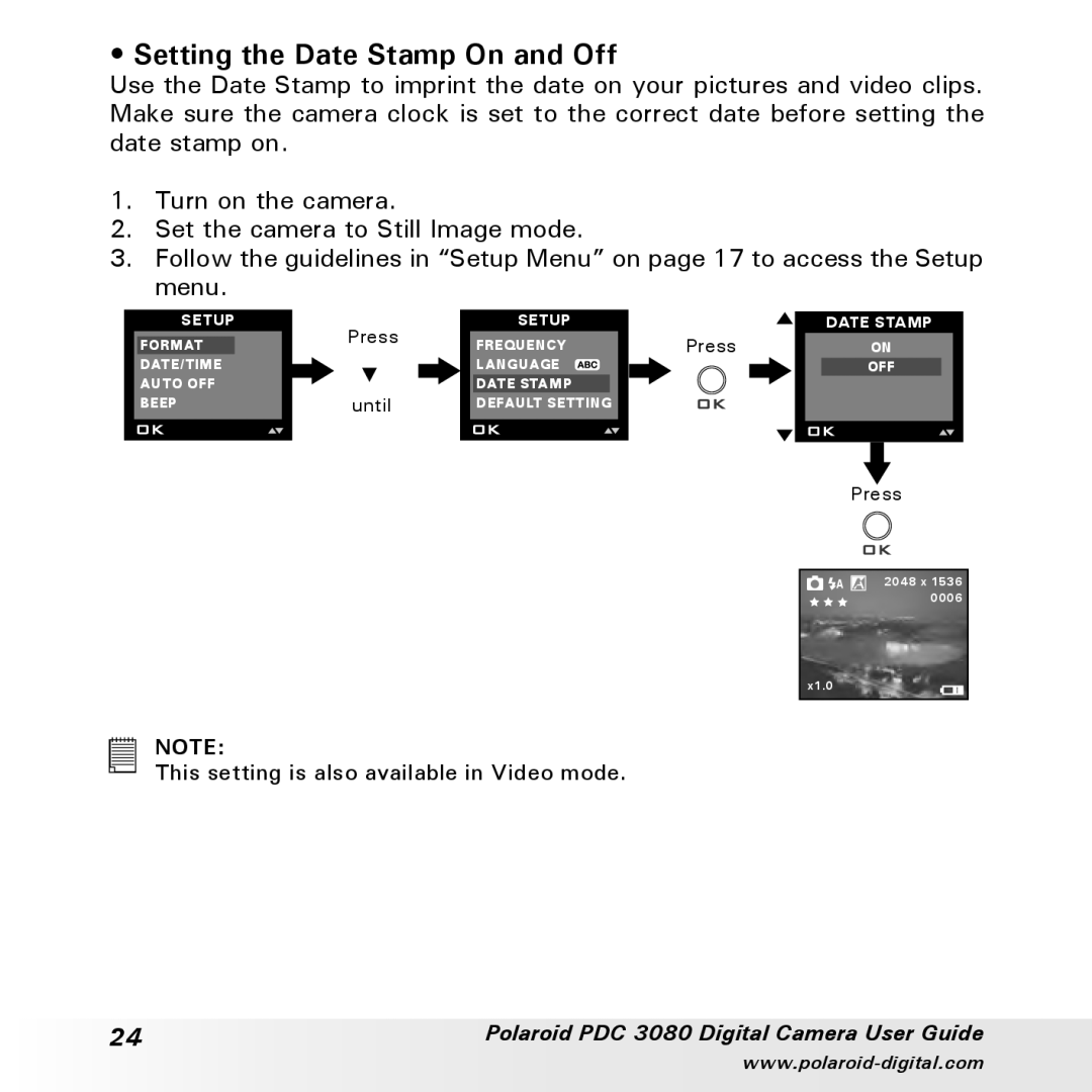Polaroid PDC3080 manual Setting the Date Stamp On and Off 