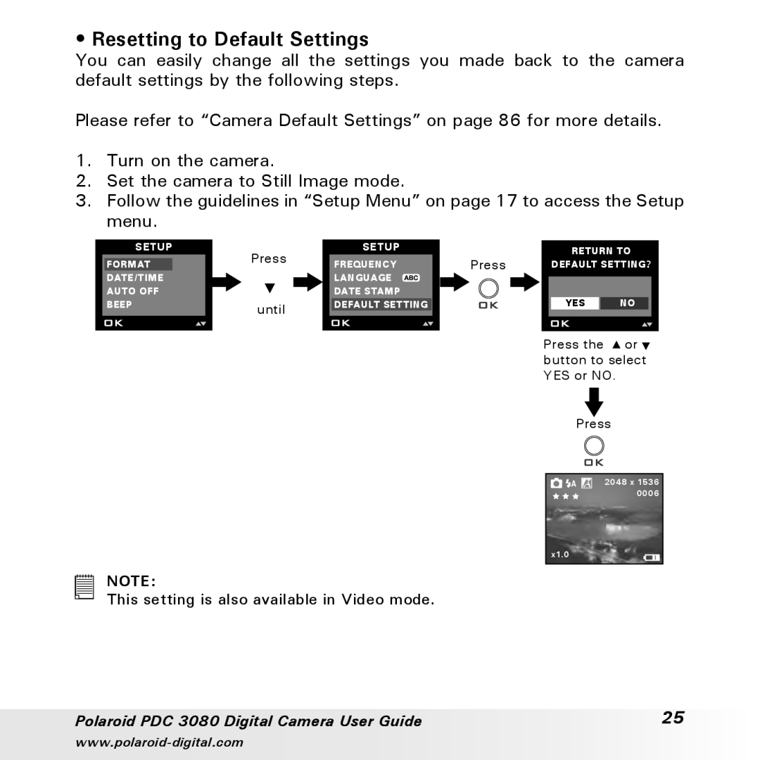 Polaroid PDC3080 manual Resetting to Default Settings 