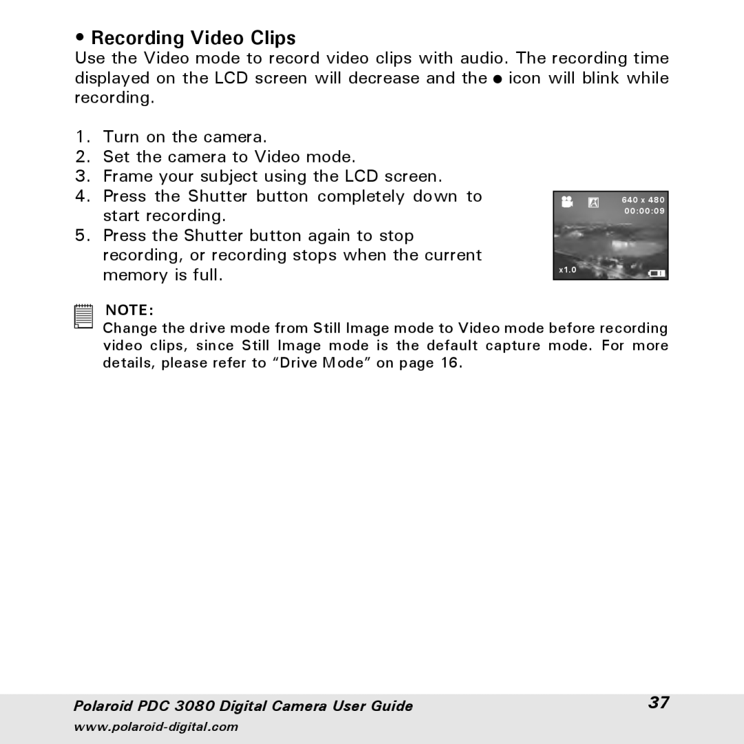 Polaroid PDC3080 manual Recording Video Clips 