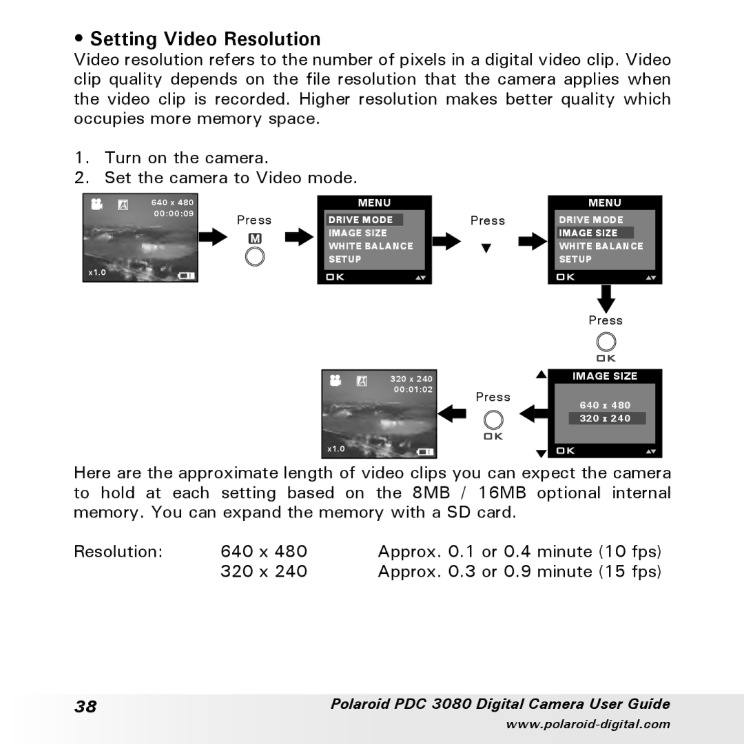 Polaroid PDC3080 manual Setting Video Resolution 