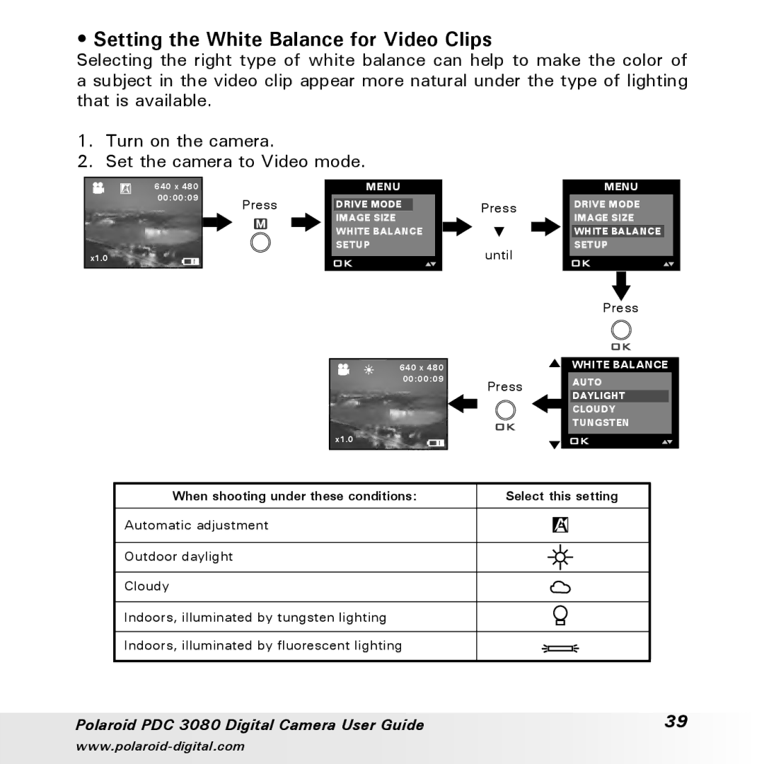 Polaroid PDC3080 manual Setting the White Balance for Video Clips 