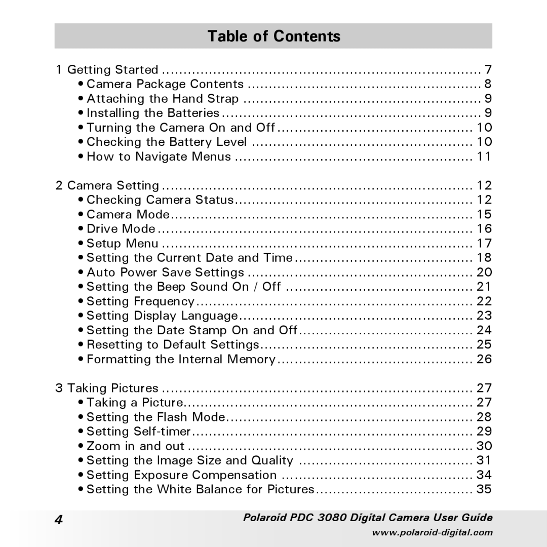 Polaroid PDC3080 manual Table of Contents 