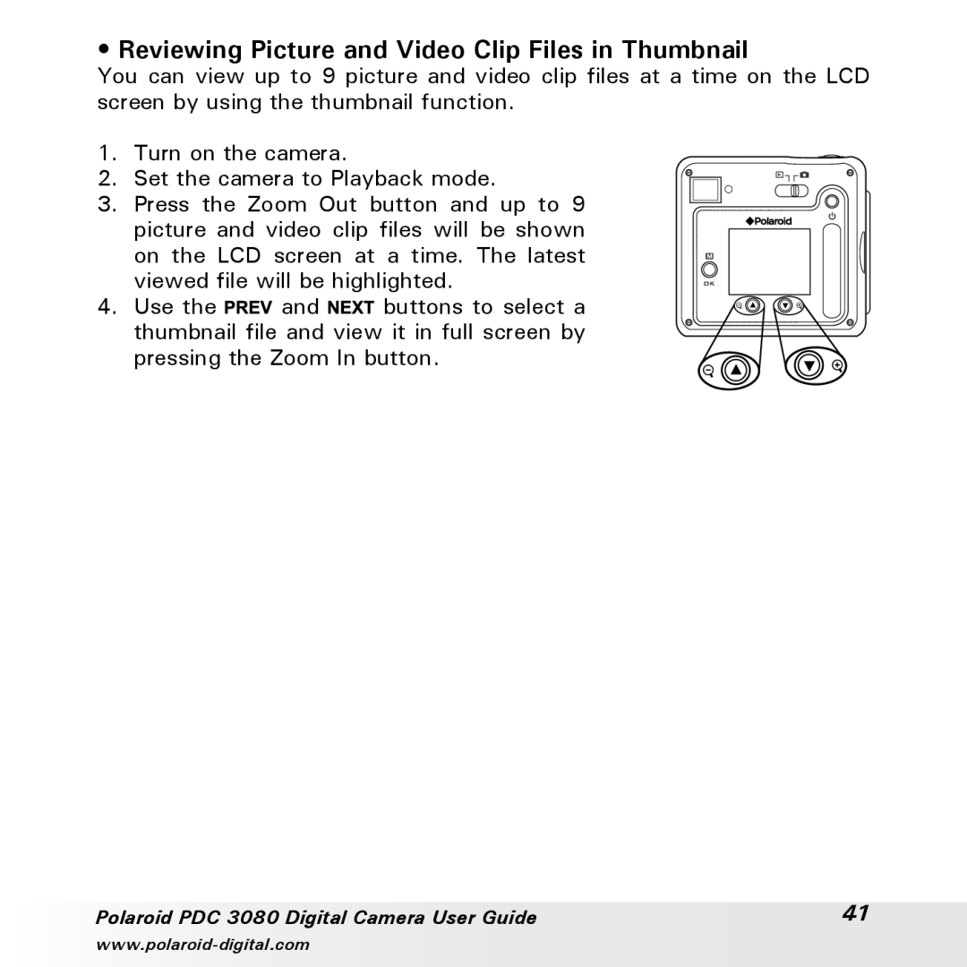 Polaroid PDC3080 manual Reviewing Picture and Video Clip Files in Thumbnail 