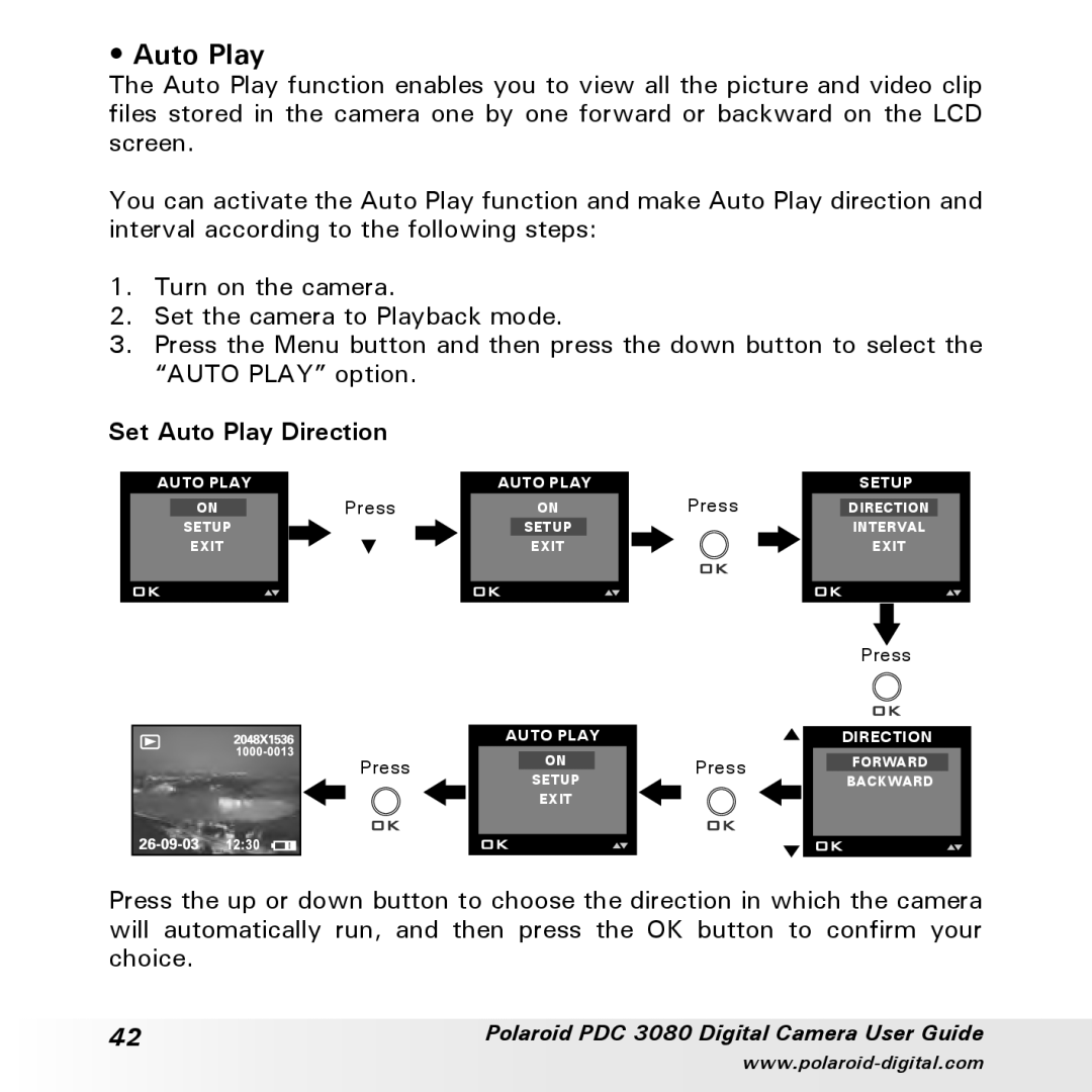 Polaroid PDC3080 manual Set Auto Play Direction 