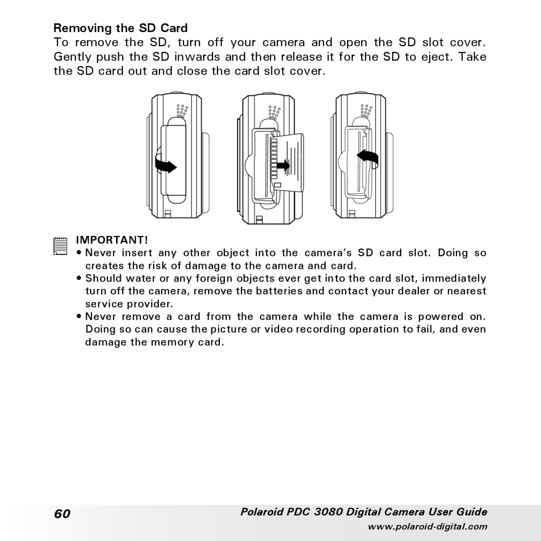 Polaroid PDC3080 manual Removing the SD Card 