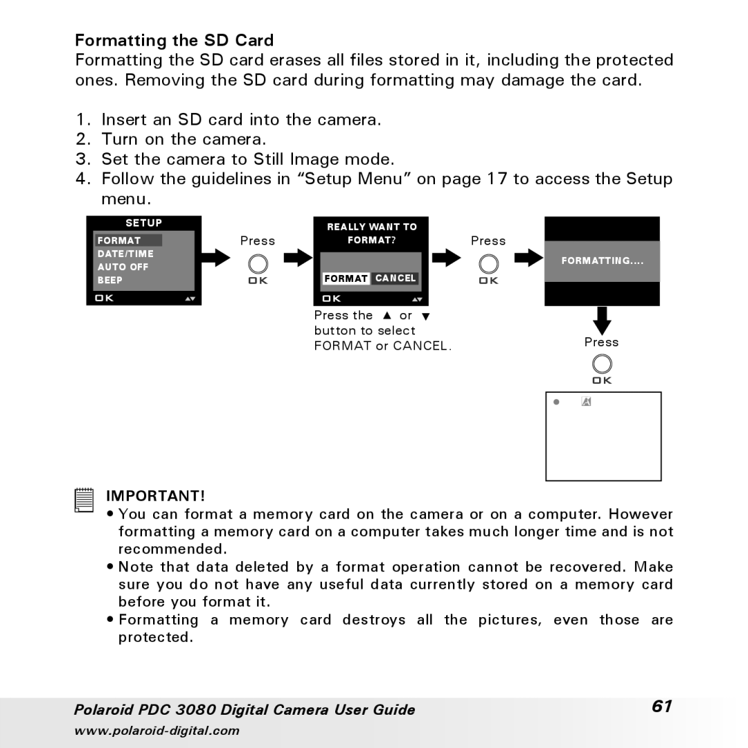 Polaroid PDC3080 manual Formatting the SD Card 