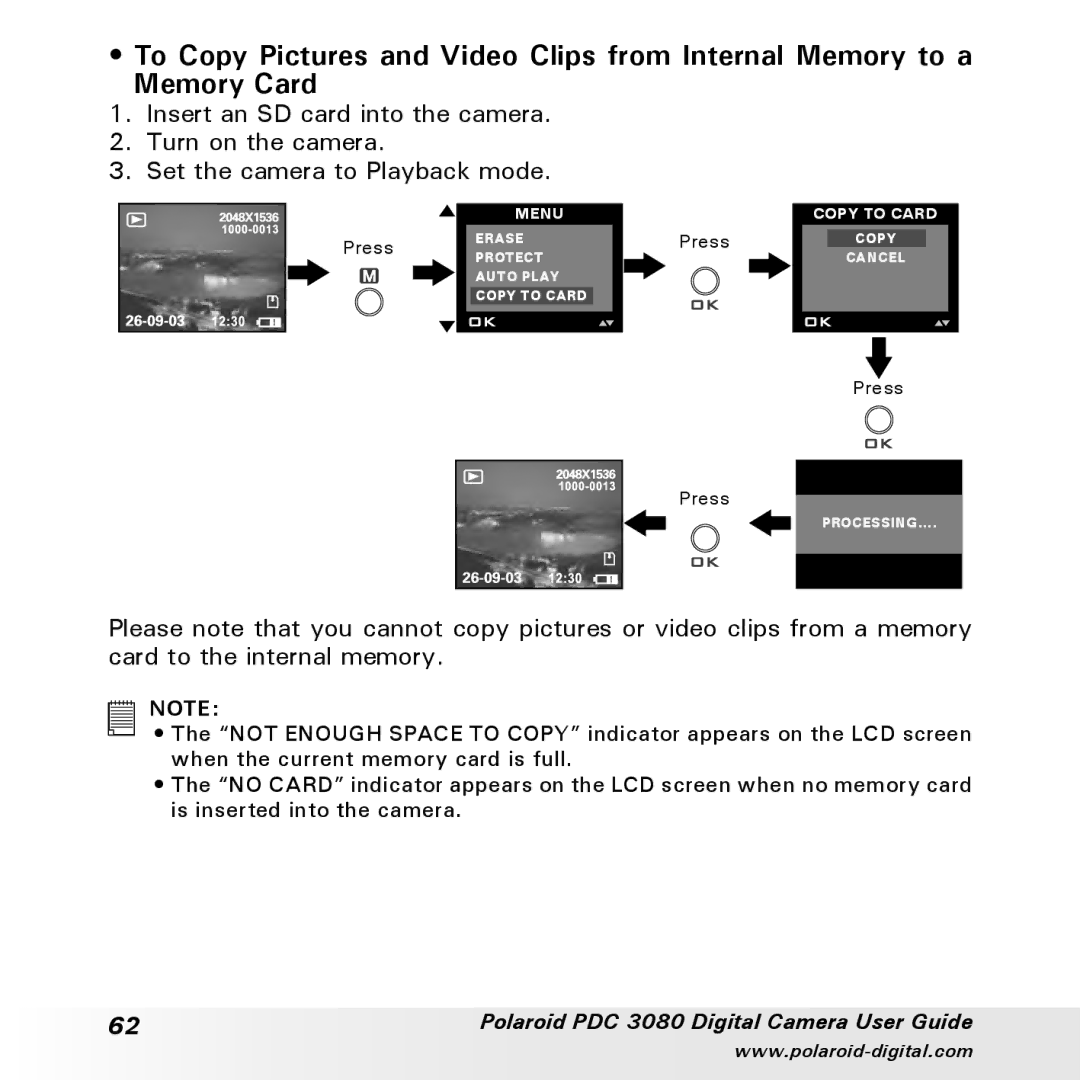 Polaroid PDC3080 manual Menu Copy to Card 