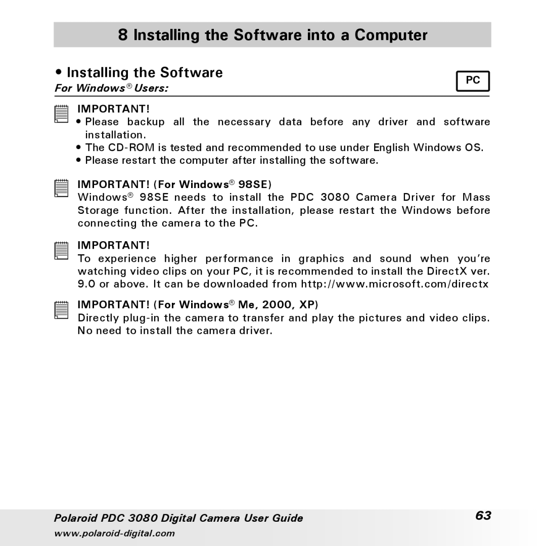 Polaroid PDC3080 manual Installing the Software into a Computer 