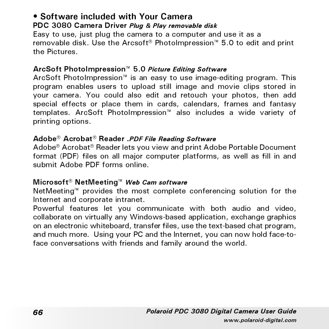 Polaroid PDC3080 manual Software included with Your Camera, ArcSoft PhotoImpression 5.0 Picture Editing Software 