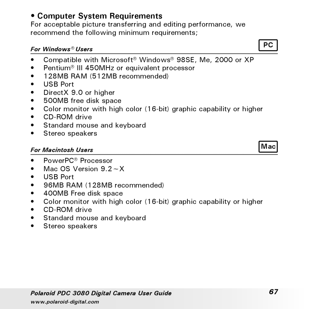 Polaroid PDC3080 manual Computer System Requirements 