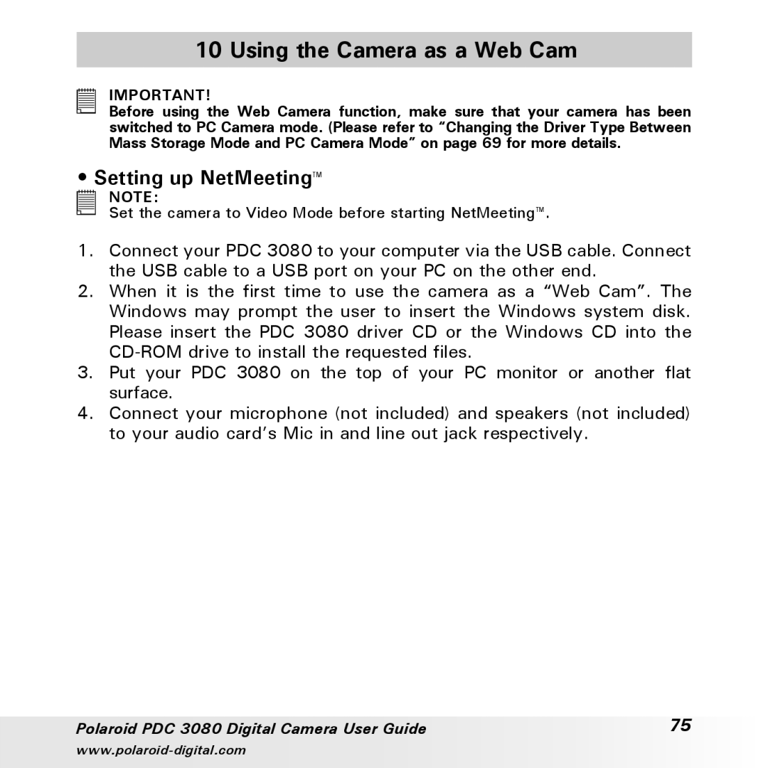 Polaroid PDC3080 manual Using the Camera as a Web Cam, Setting up NetMeeting 