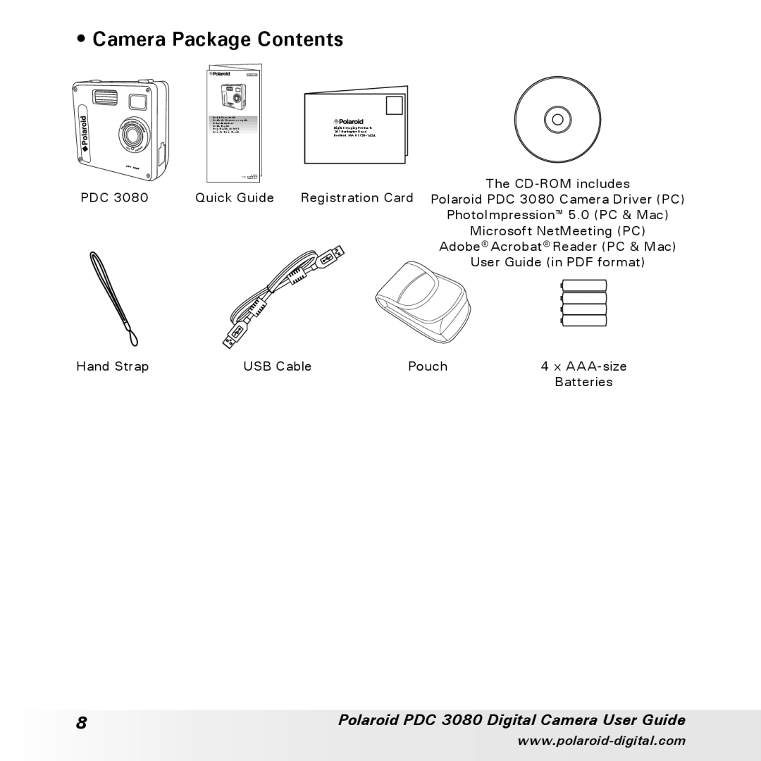 Polaroid PDC3080 manual Camera Package Contents 