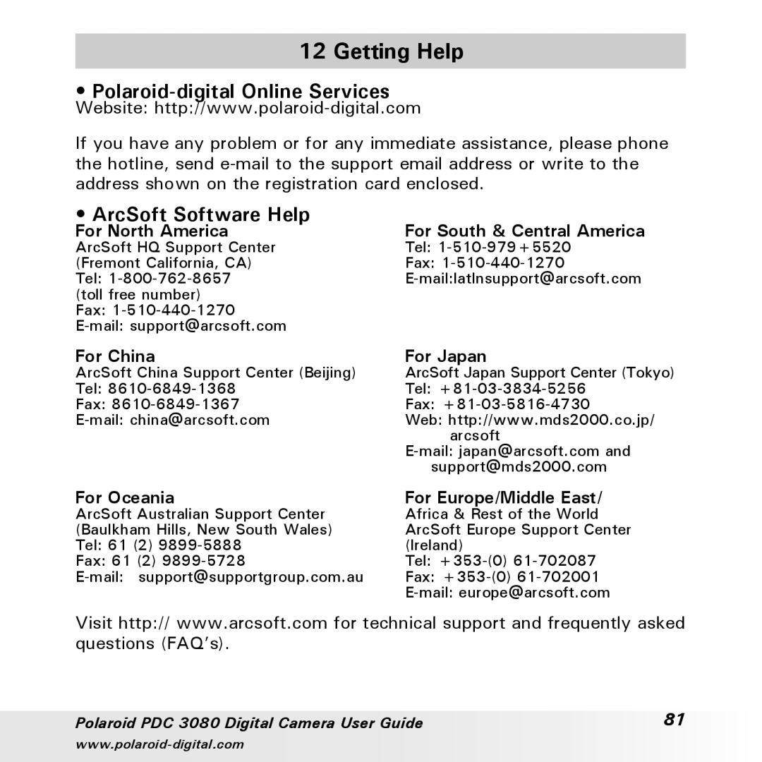 Polaroid PDC3080 manual Getting Help, Polaroid-digital Online Services, ArcSoft Software Help 
