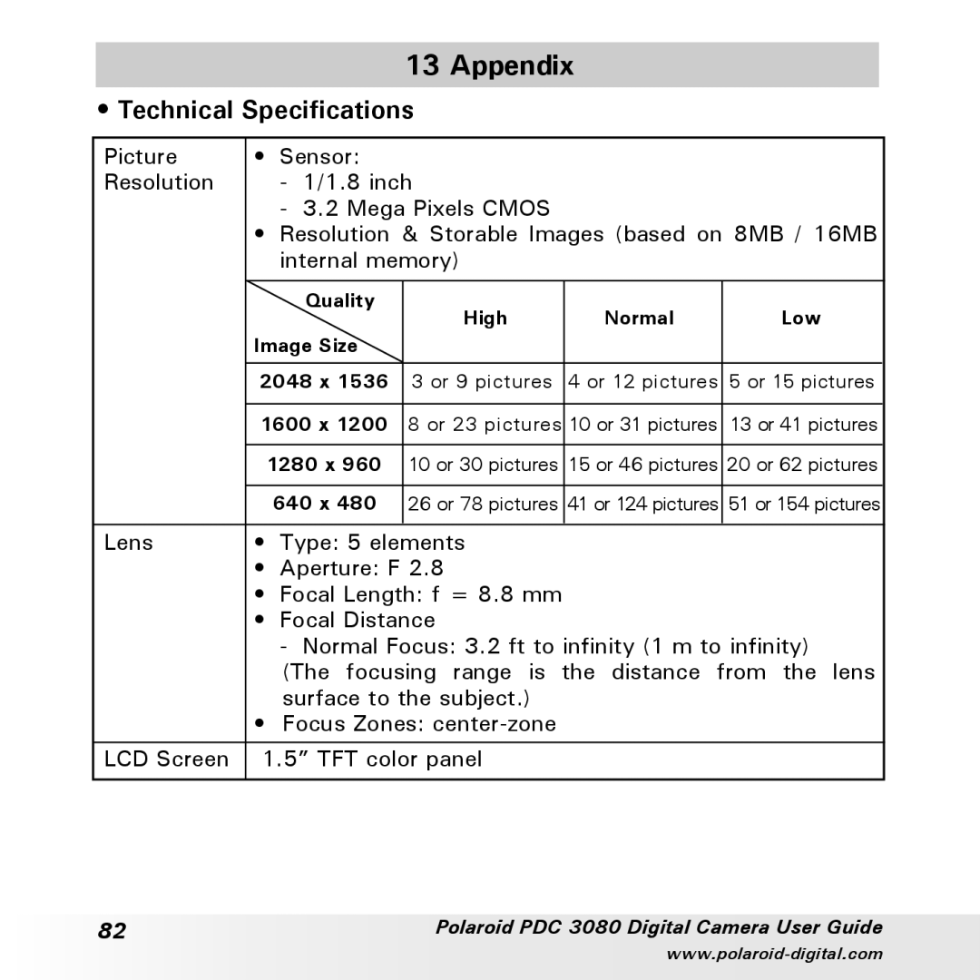 Polaroid PDC3080 manual Appendix, Technical Specifications 