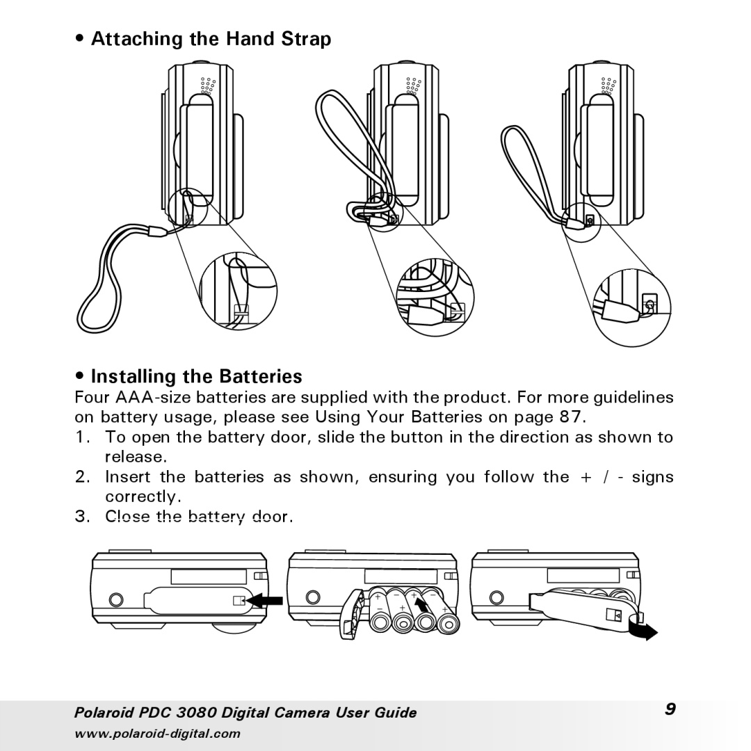 Polaroid PDC3080 manual Attaching the Hand Strap Installing the Batteries 