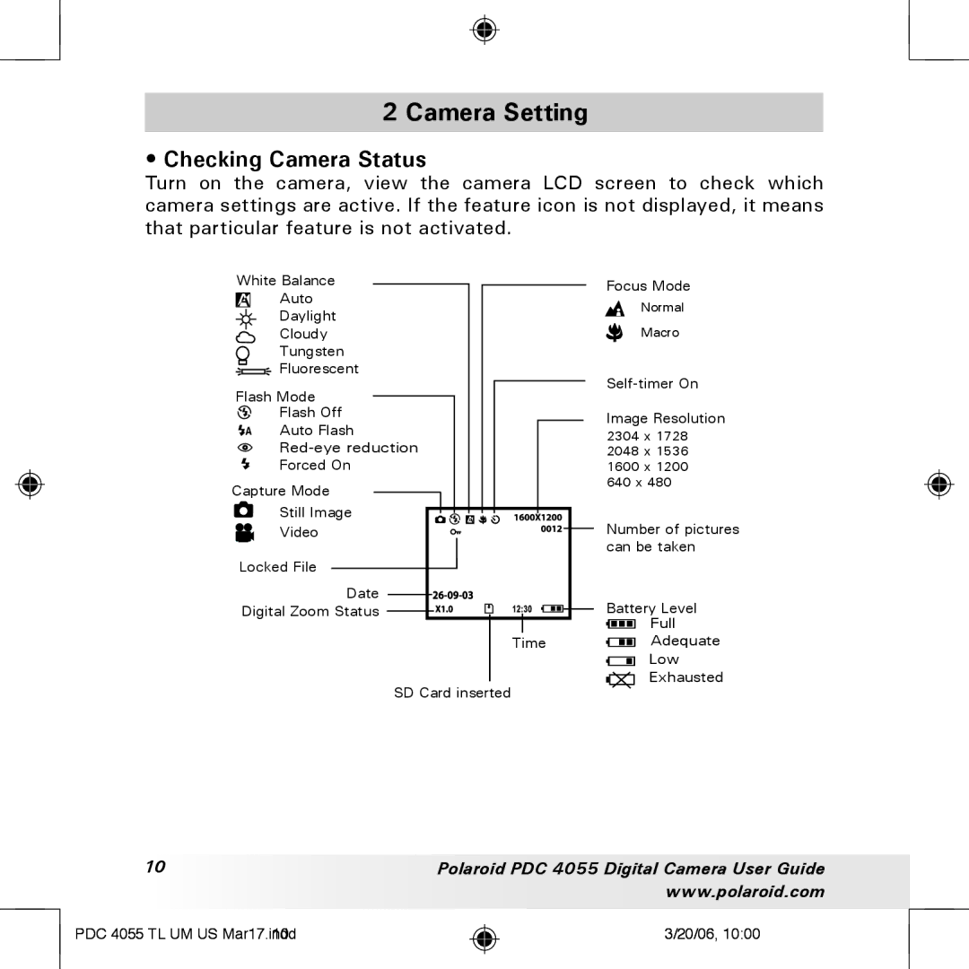 Polaroid PDC4055 manual Camera Setting, Checking Camera Status 