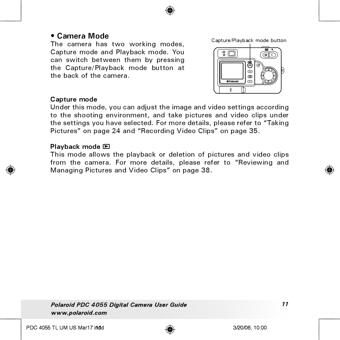 Polaroid PDC4055 manual Camera Mode, Capture mode, Playback mode 