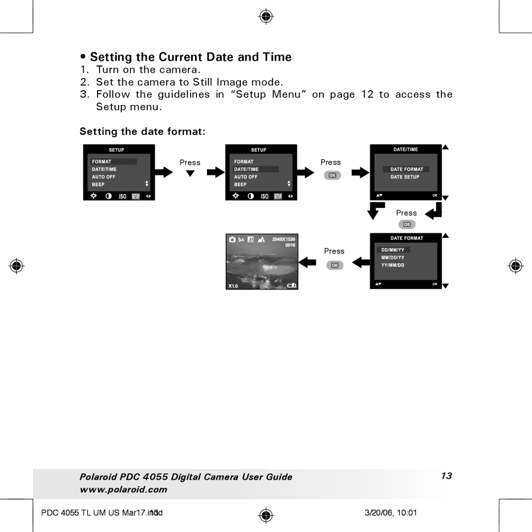 Polaroid PDC4055 manual Setting the Current Date and Time, Setting the date format 