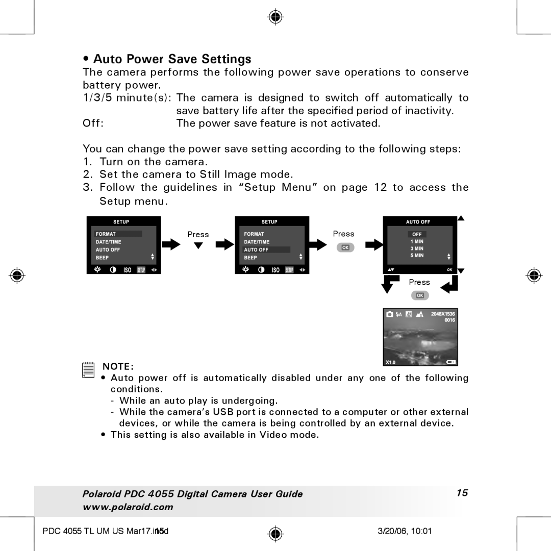 Polaroid PDC4055 manual Auto Power Save Settings 