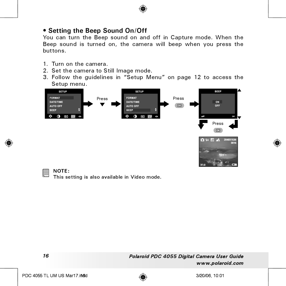 Polaroid PDC4055 manual Setting the Beep Sound On/Off 