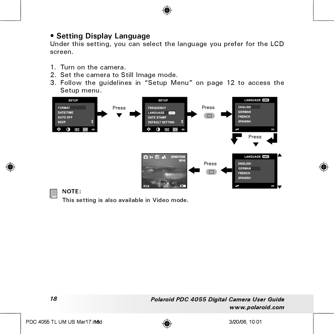 Polaroid PDC4055 manual Setting Display Language 