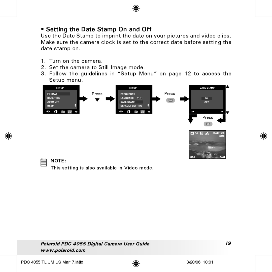 Polaroid PDC4055 manual Setting the Date Stamp On and Off 