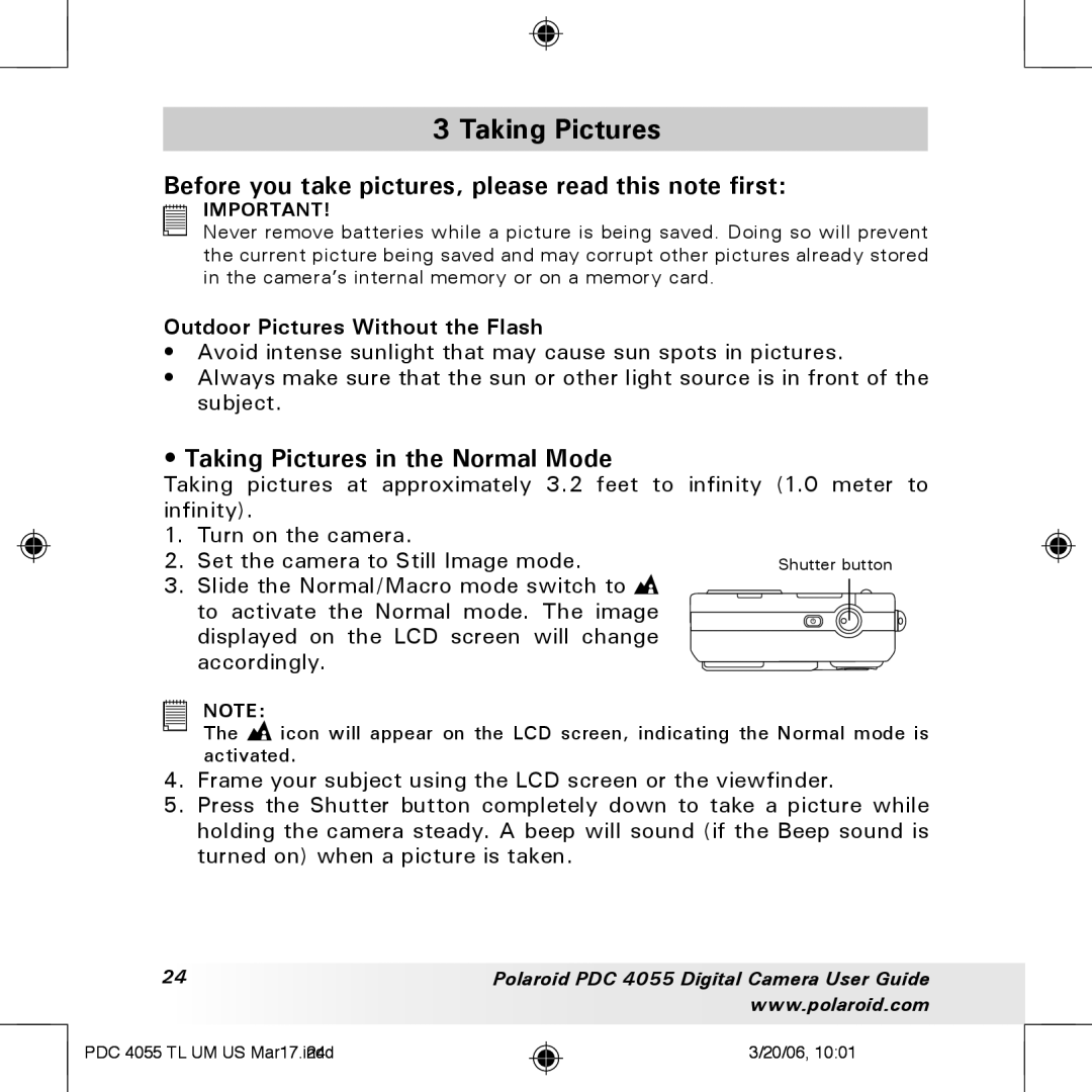 Polaroid PDC4055 manual Taking Pictures, Before you take pictures, please read this note first 