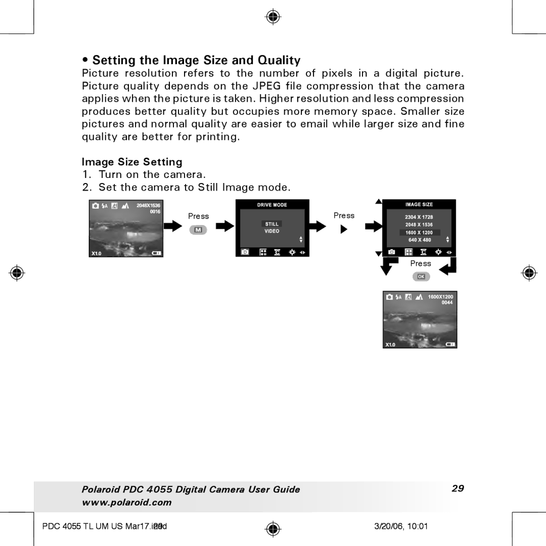 Polaroid PDC4055 manual Setting the Image Size and Quality, Image Size Setting 