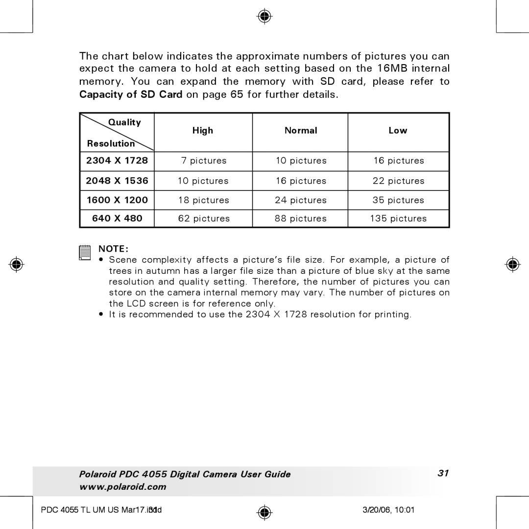 Polaroid PDC4055 manual Quality High Normal Low Resolution 2304 X 