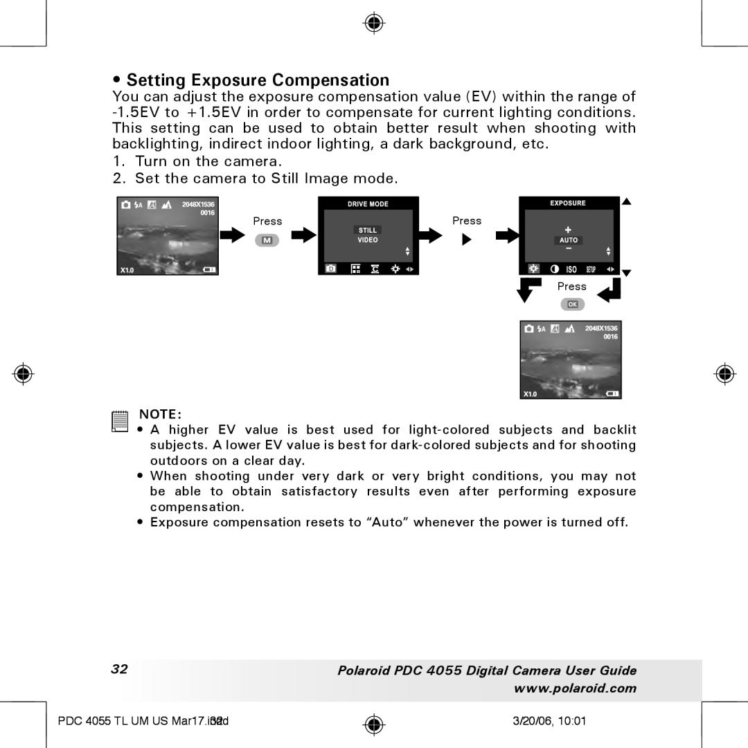 Polaroid PDC4055 manual Setting Exposure Compensation 