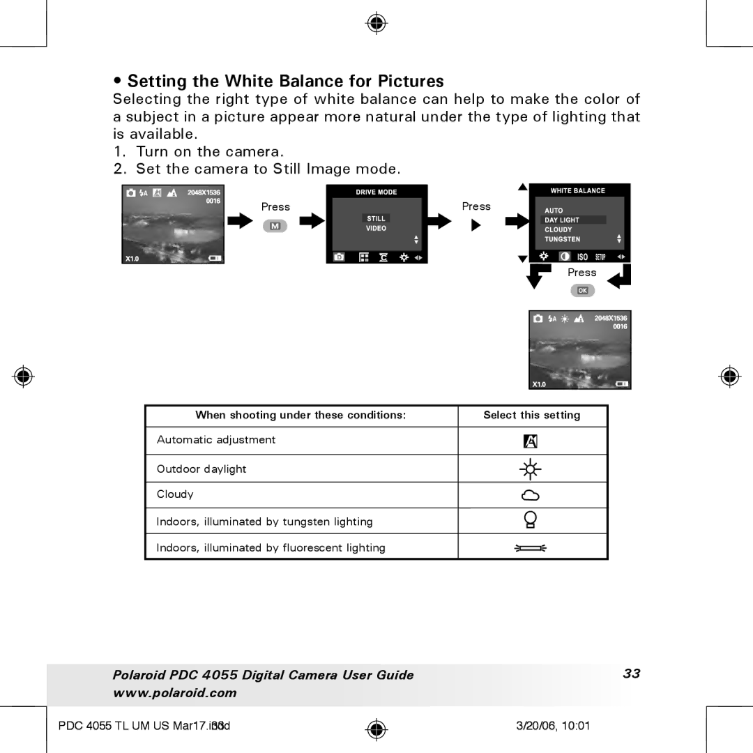 Polaroid PDC4055 manual Setting the White Balance for Pictures, When shooting under these conditions Select this setting 