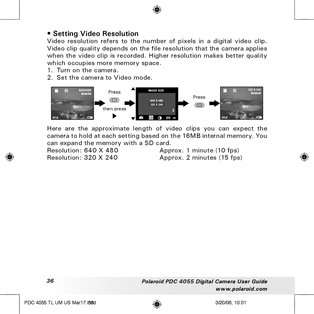 Polaroid PDC4055 manual Setting Video Resolution 