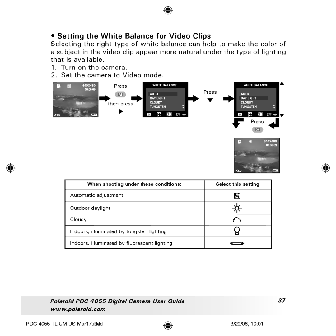 Polaroid PDC4055 manual Setting the White Balance for Video Clips 