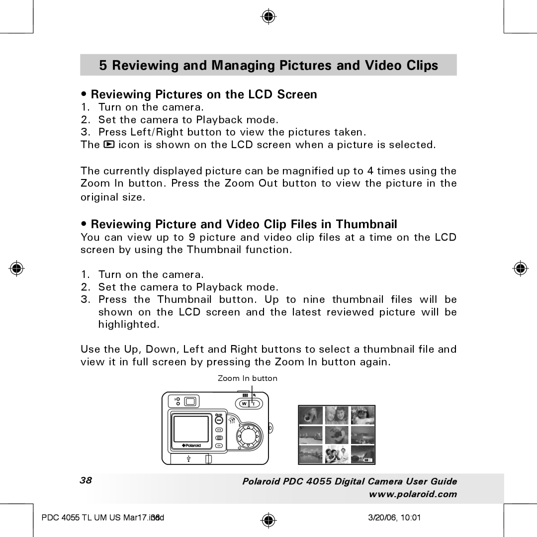 Polaroid PDC4055 manual Reviewing and Managing Pictures and Video Clips, Reviewing Pictures on the LCD Screen 