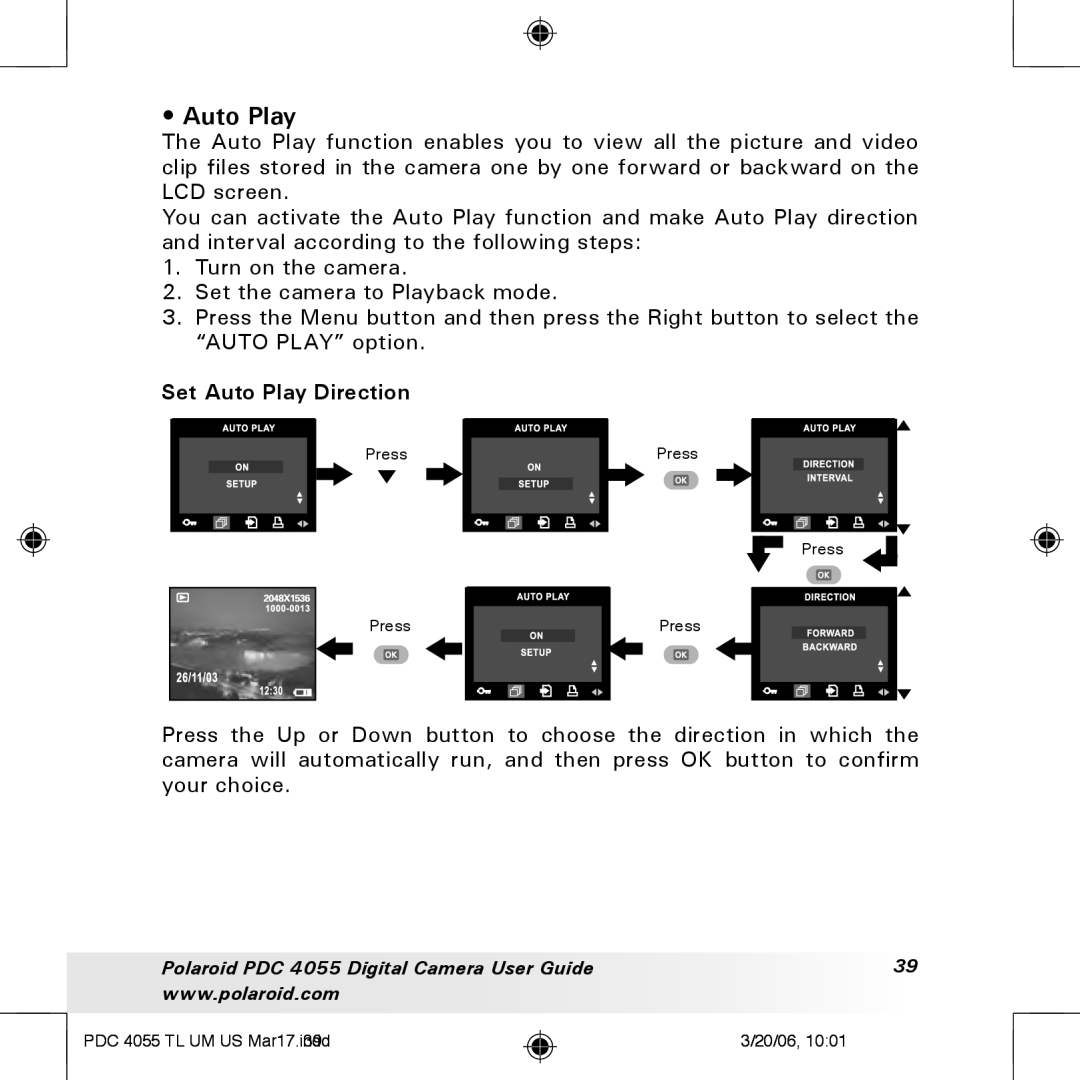 Polaroid PDC4055 manual Set Auto Play Direction 