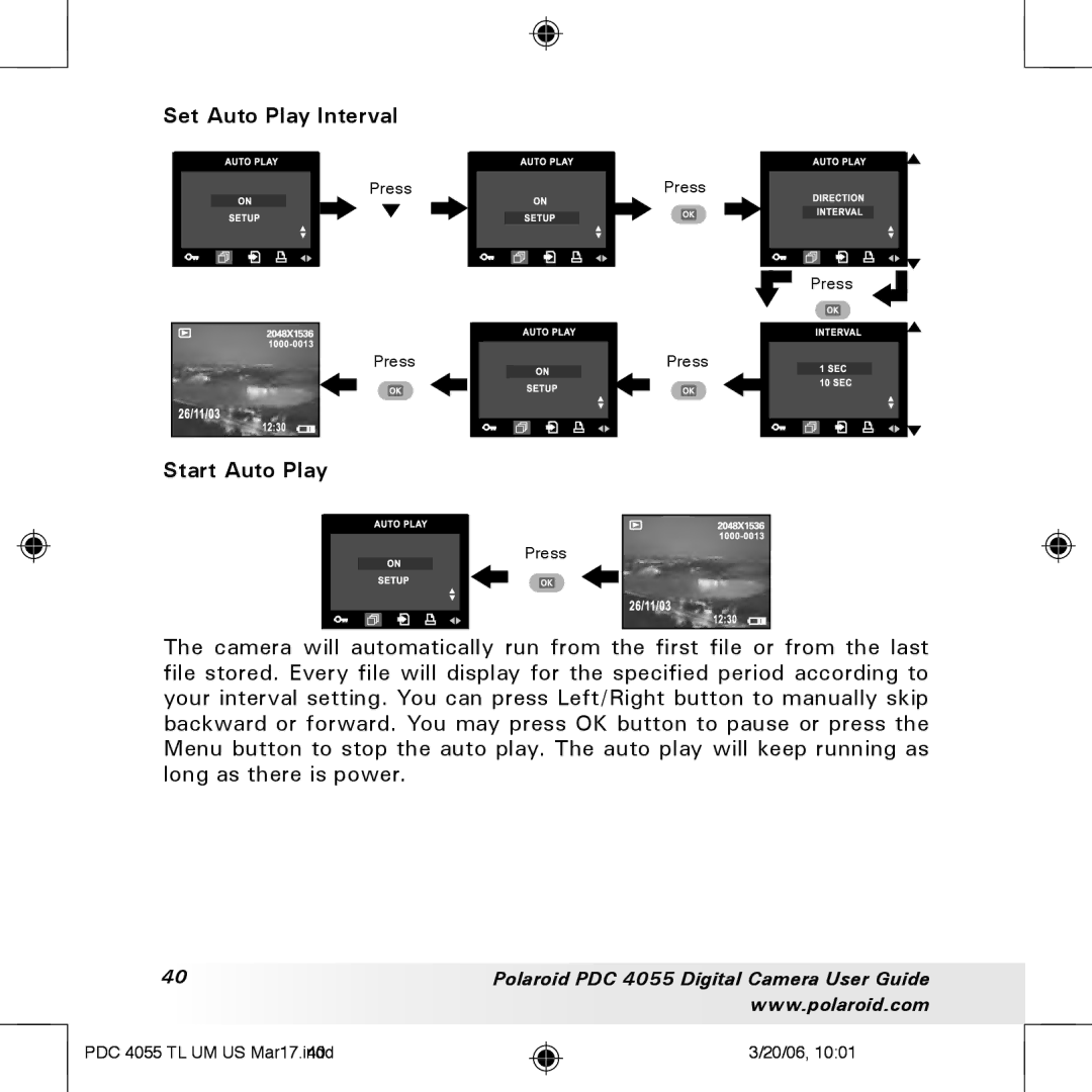 Polaroid PDC4055 manual Set Auto Play Interval, Start Auto Play 