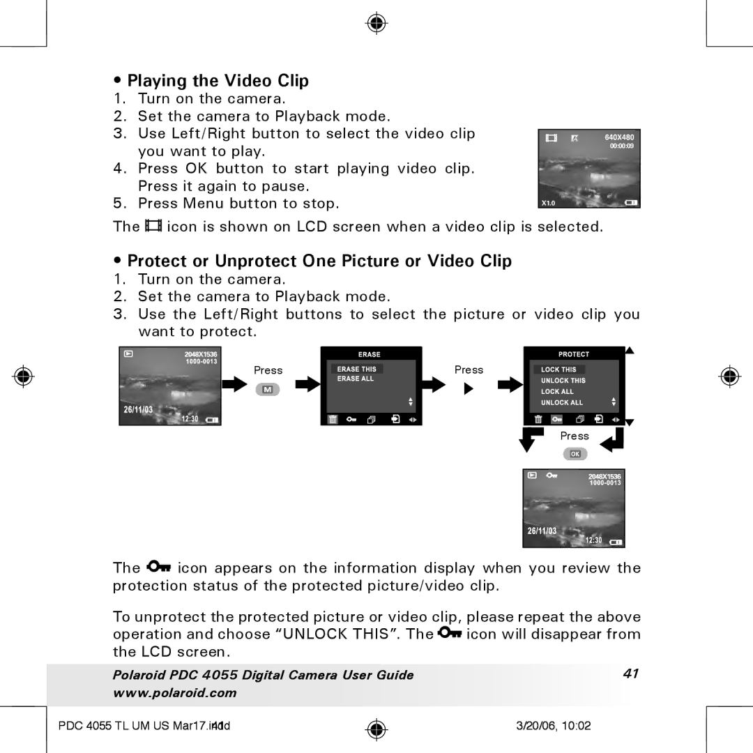 Polaroid PDC4055 manual Playing the Video Clip, Protect or Unprotect One Picture or Video Clip 