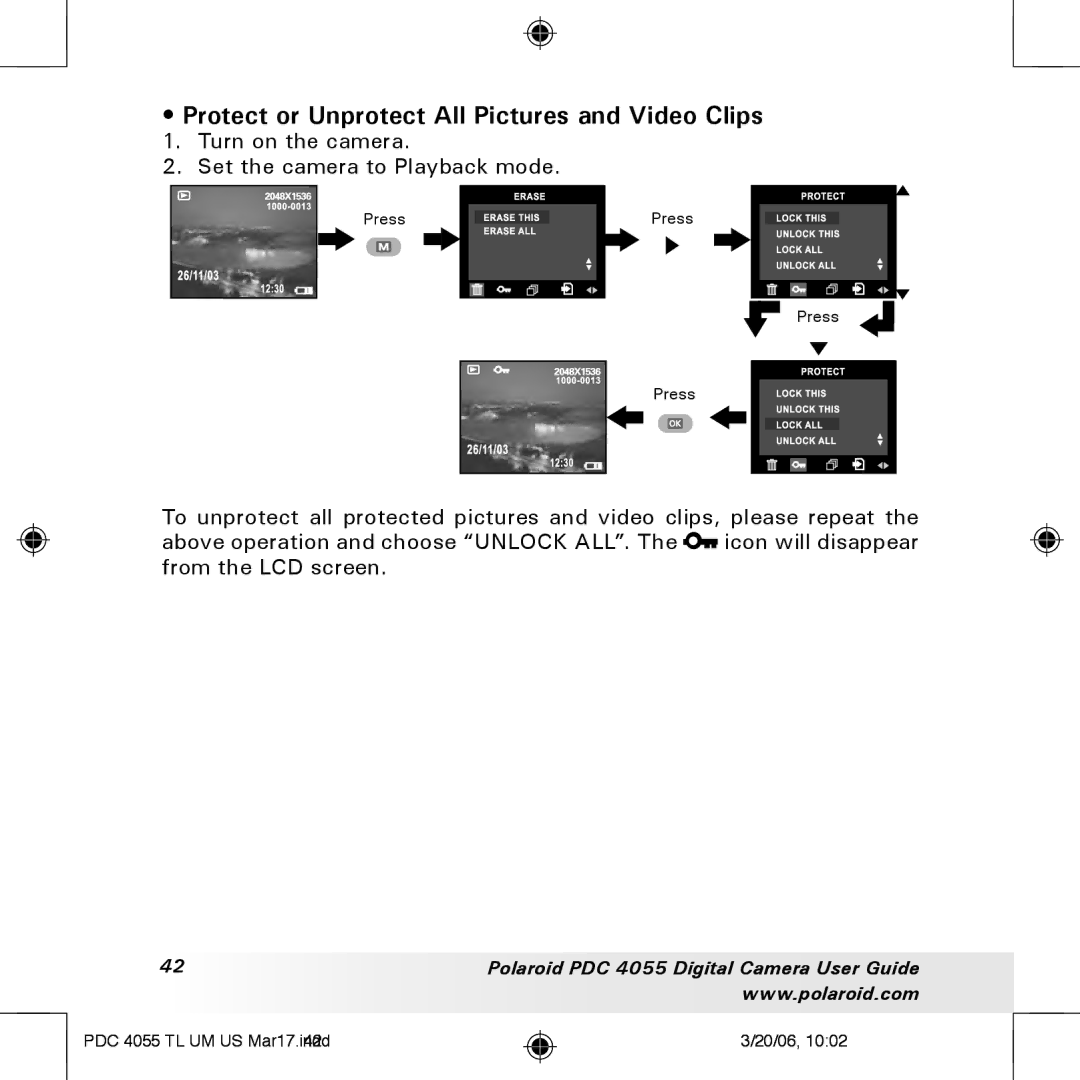 Polaroid PDC4055 manual Protect or Unprotect All Pictures and Video Clips 