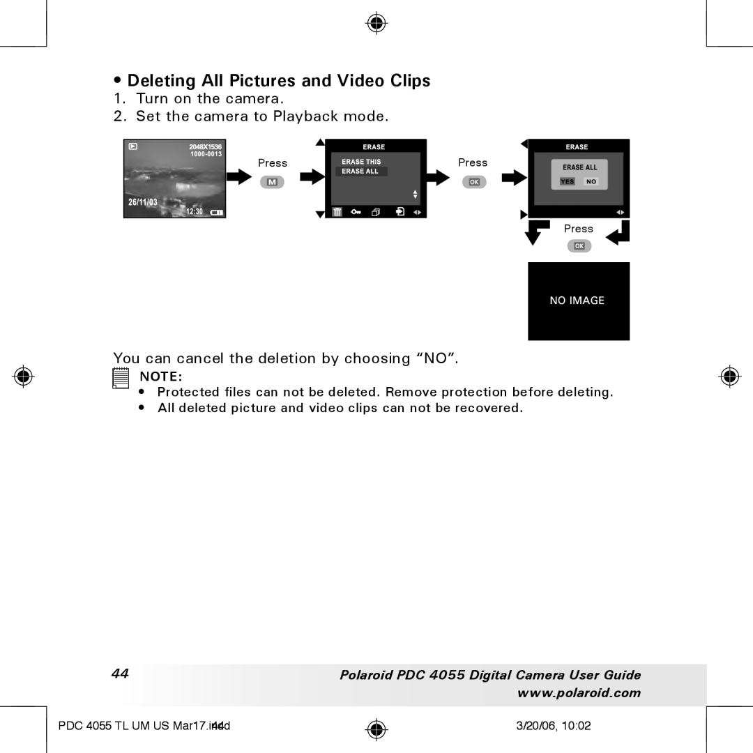 Polaroid PDC4055 manual Deleting All Pictures and Video Clips 