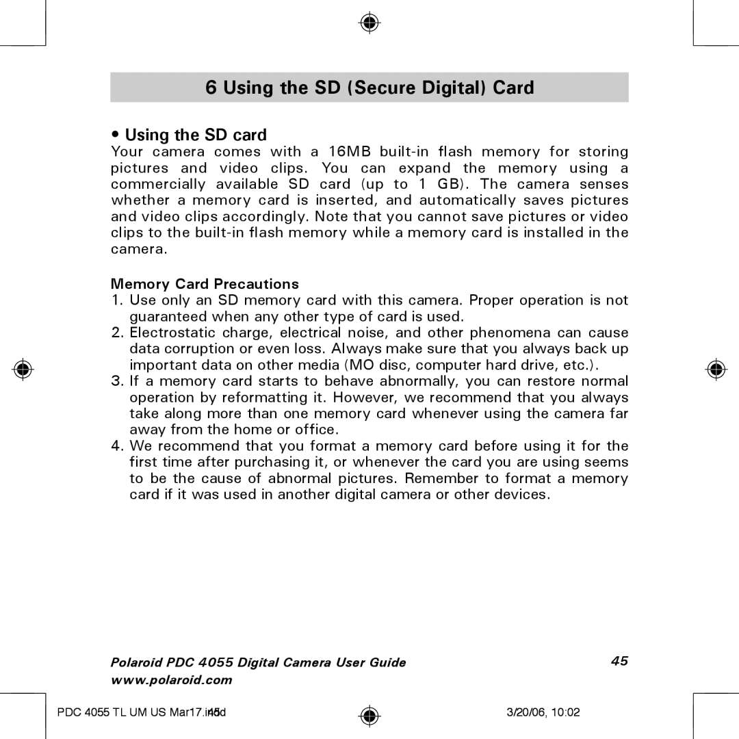 Polaroid PDC4055 manual Using the SD Secure Digital Card, Using the SD card, Memory Card Precautions 