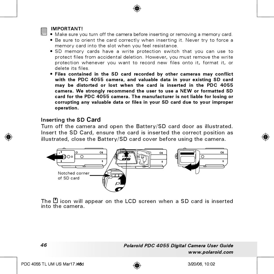 Polaroid PDC4055 manual Inserting the SD Card 