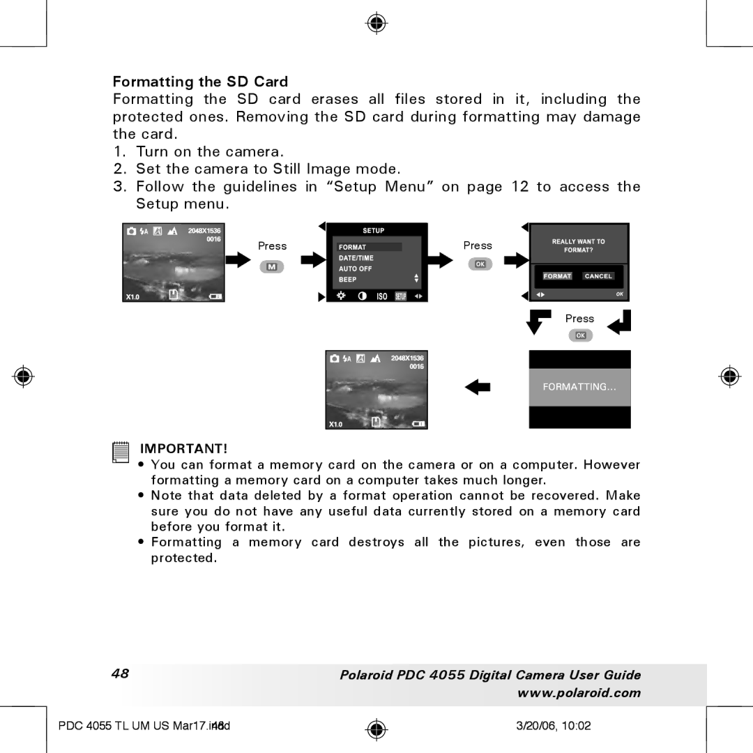 Polaroid PDC4055 manual Formatting the SD Card 