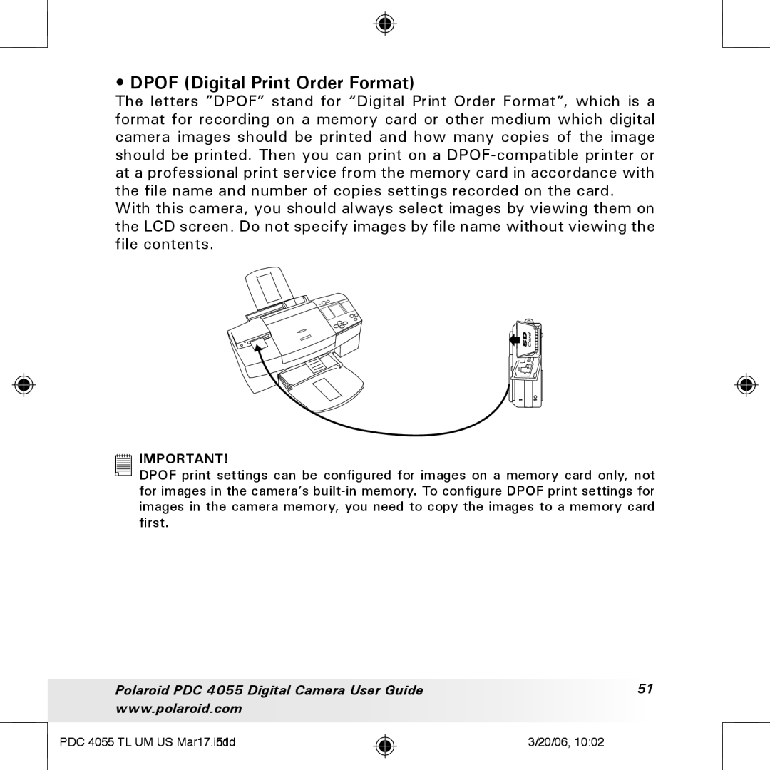 Polaroid PDC4055 manual Dpof Digital Print Order Format 